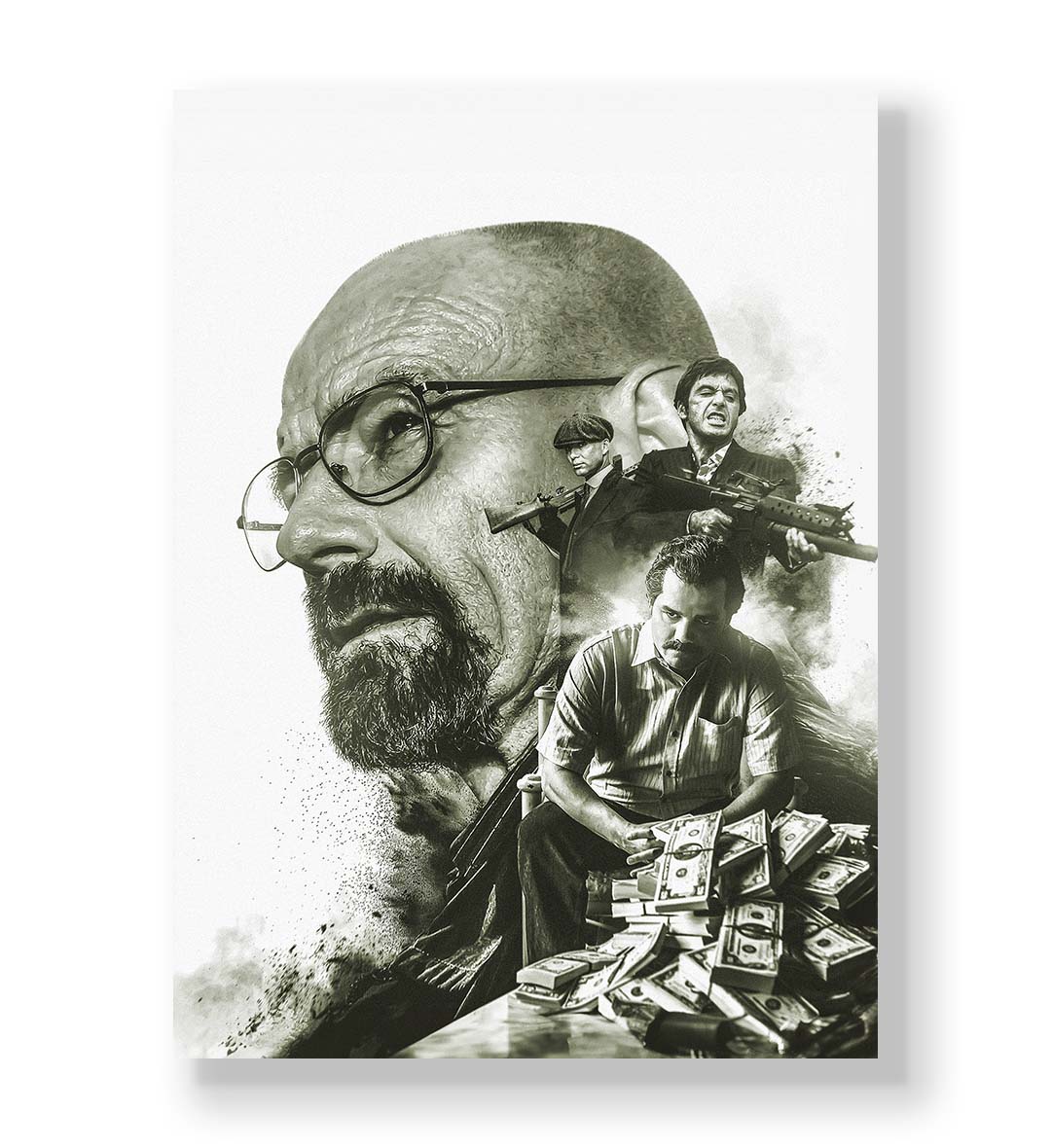 Crime Kings canvas wall art with Walter White and Tony Montana, perfect for modern Indian home decor.