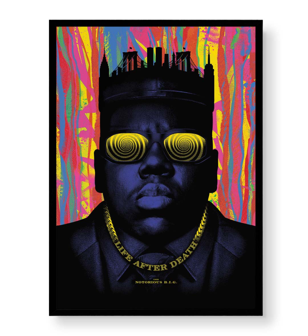Notorious B.I.G. parody canvas wall art with psychedelic NYC skyline, perfect for modern Indian home decor.