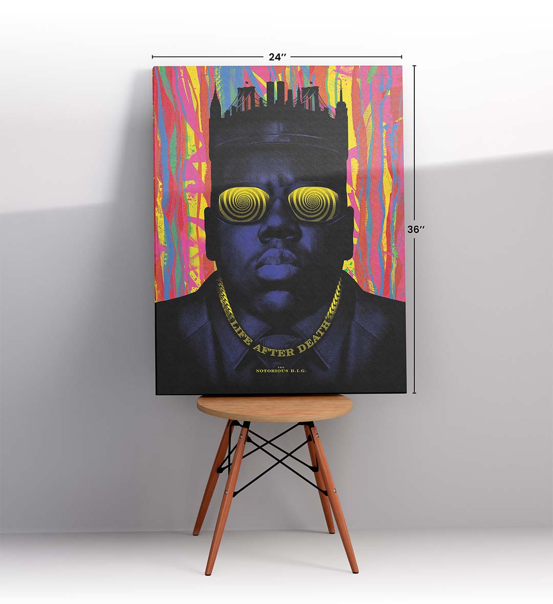 Notorious B.I.G. parody canvas wall art with psychedelic NYC skyline, perfect for modern Indian home decor.
