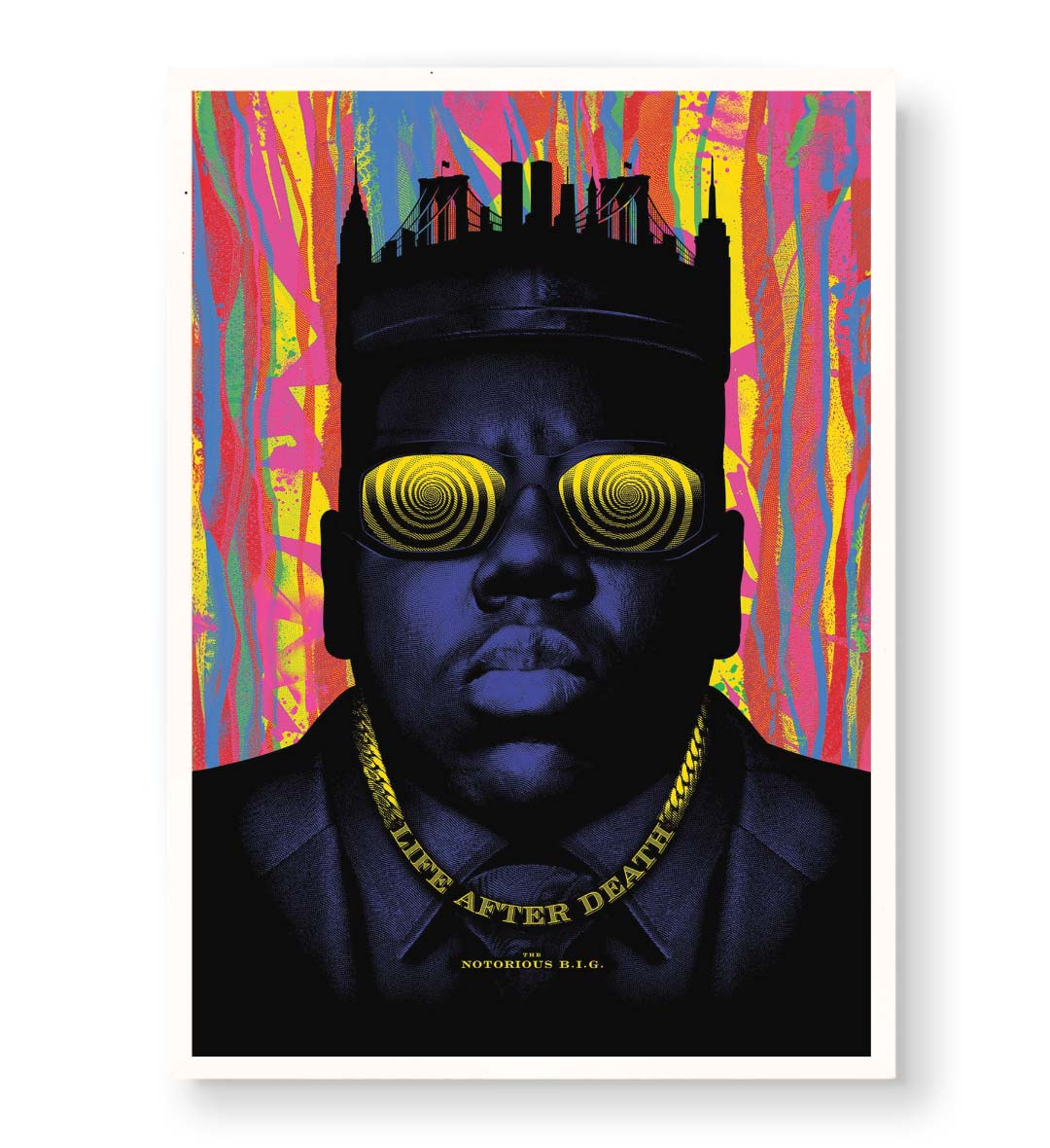 Notorious B.I.G. parody canvas wall art with psychedelic NYC skyline, perfect for modern Indian home decor.