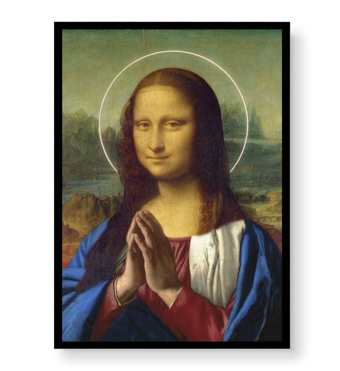 Divine Mona Lisa with halo and prayer pose wall art for Indian home decor.