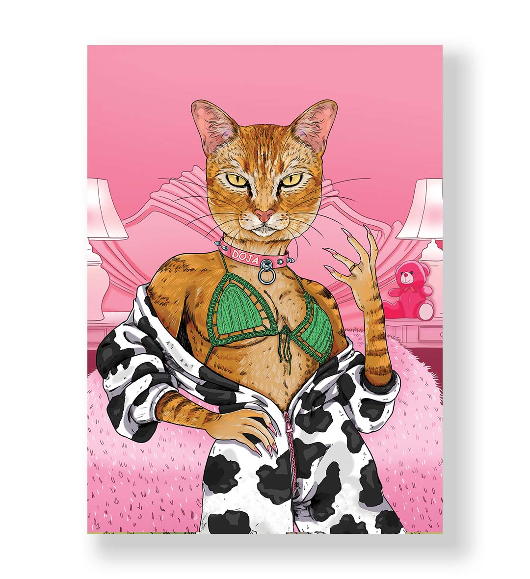 Doja Cat’s Glam Lounge whimsical pet wall art with a ginger cat in a pink bedroom for Indian home decor.