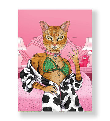 Doja Cat’s Glam Lounge whimsical pet wall art with a ginger cat in a pink bedroom for Indian home decor.