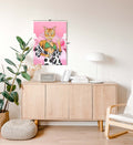 Doja Cat’s Glam Lounge whimsical pet wall art with a ginger cat in a pink bedroom for Indian home decor.
