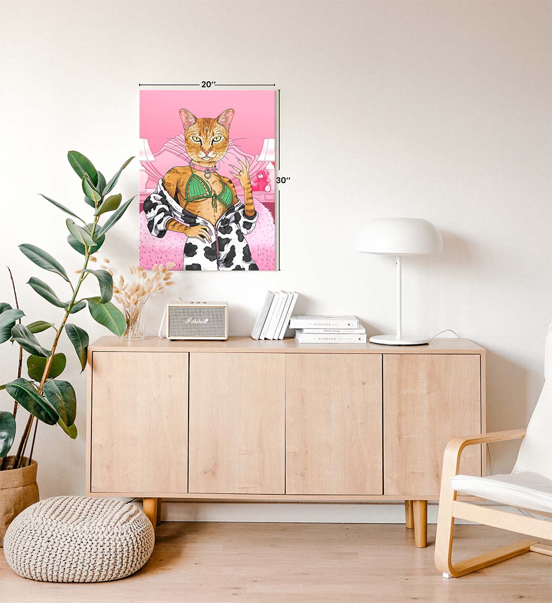Doja Cat’s Glam Lounge whimsical pet wall art with a ginger cat in a pink bedroom for Indian home decor.