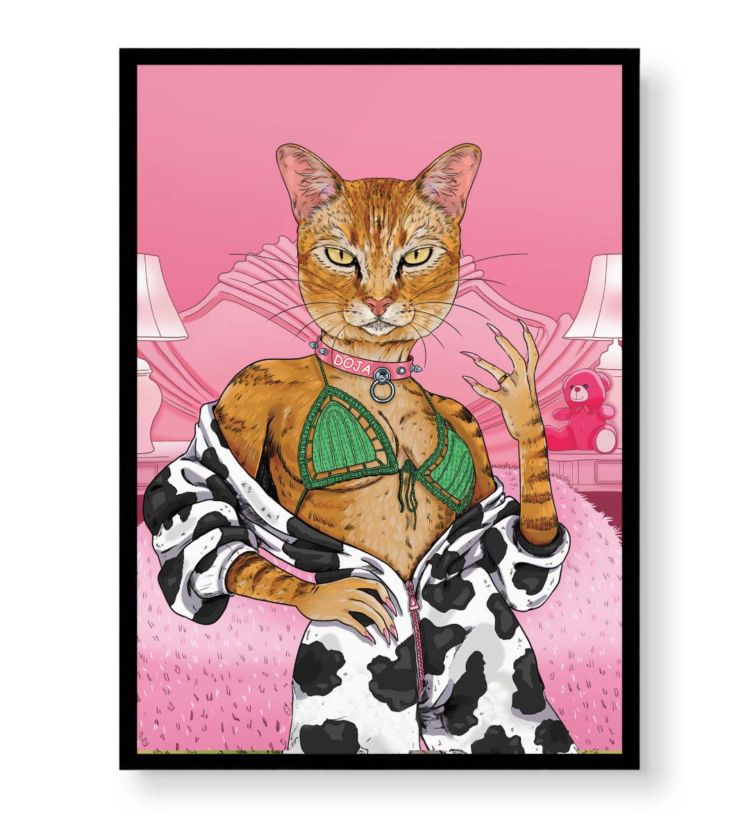 Doja Cat’s Glam Lounge whimsical pet wall art with a ginger cat in a pink bedroom for Indian home decor.
