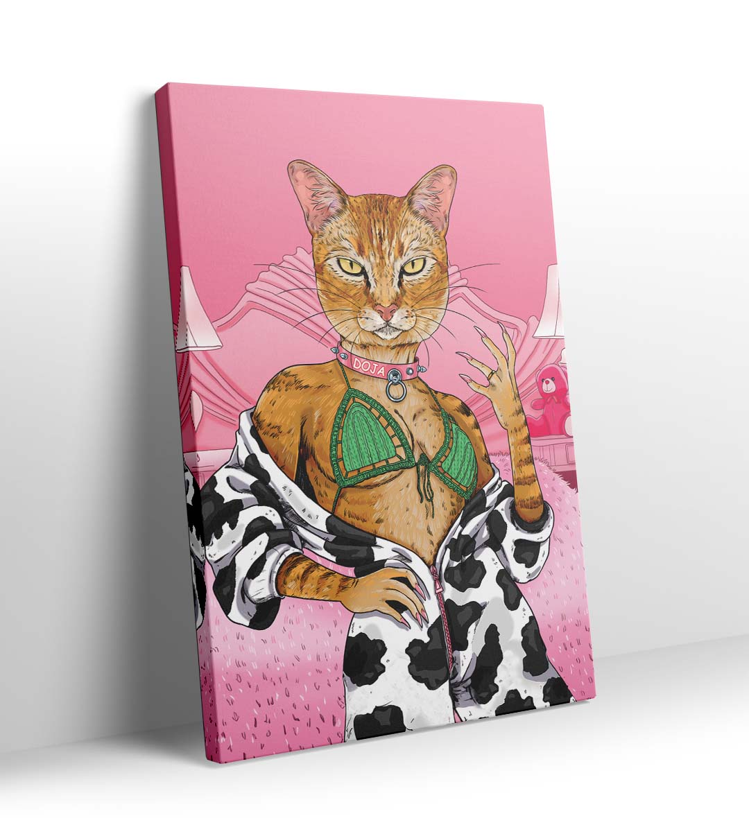 Doja Cat’s Glam Lounge whimsical pet wall art with a ginger cat in a pink bedroom for Indian home decor.