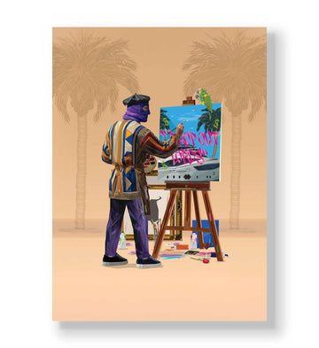 Masked artist painting "DROPOUT LORDS" graffiti on a yacht canvas wall art.