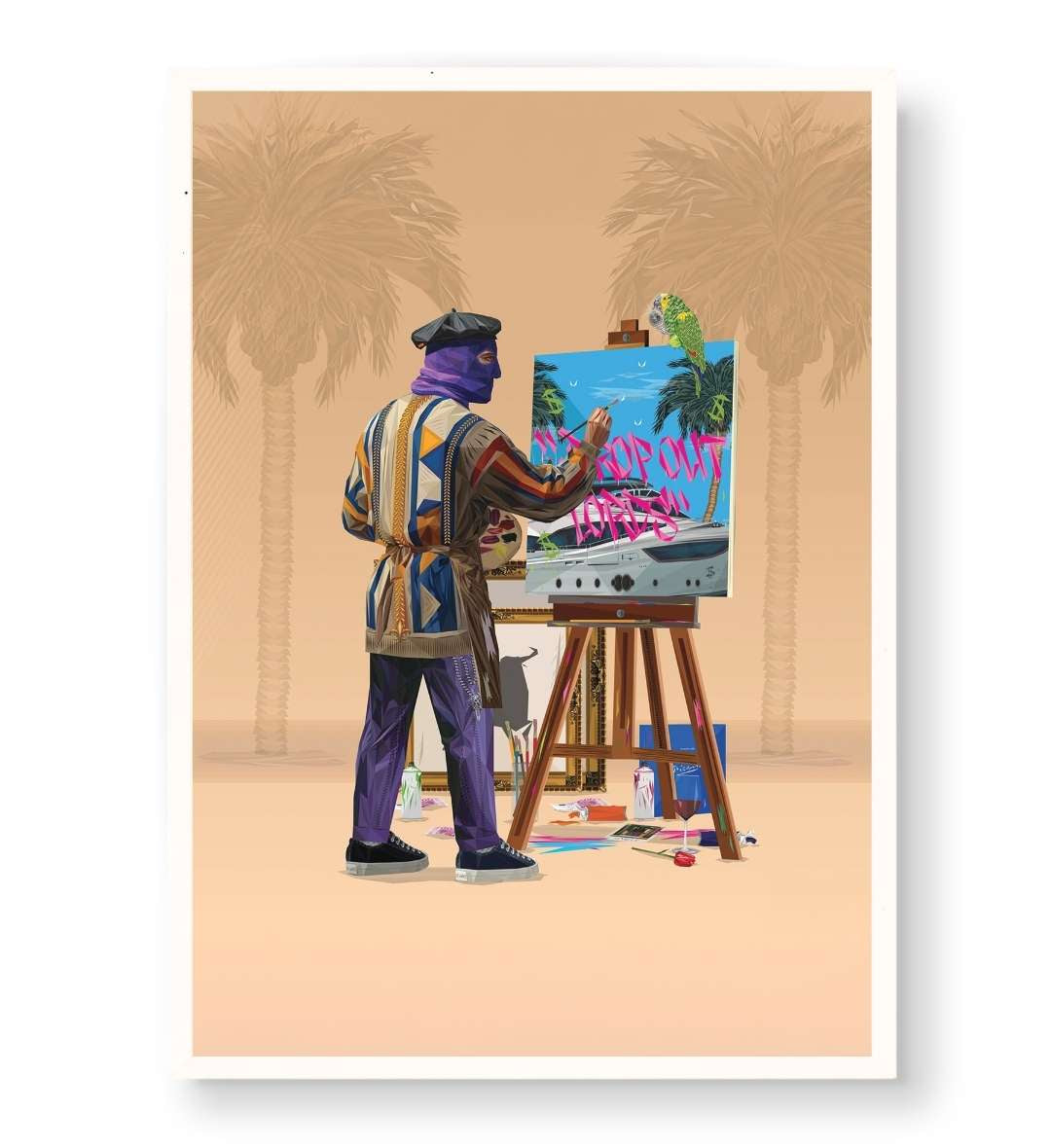 Modern living room with geometric graffiti pop art on a feature wall.