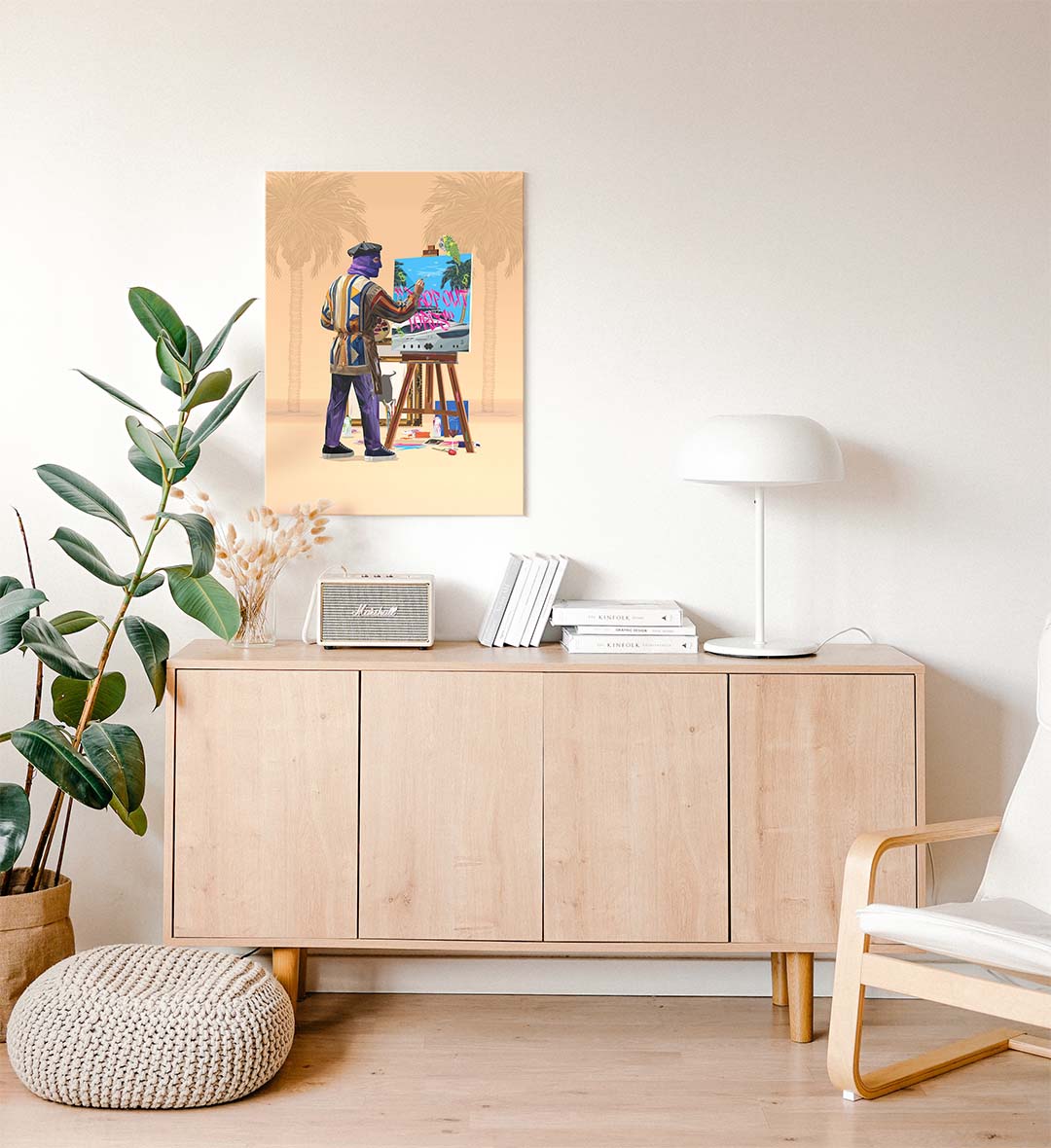 Contemporary office lounge with motivational rebel art piece.