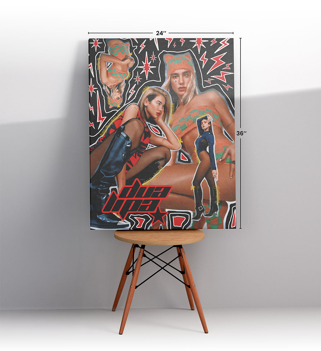 Dua Lipa Electric Beat pop star wall art with red lightning bolts and checkerboard pattern for Indian home decor.