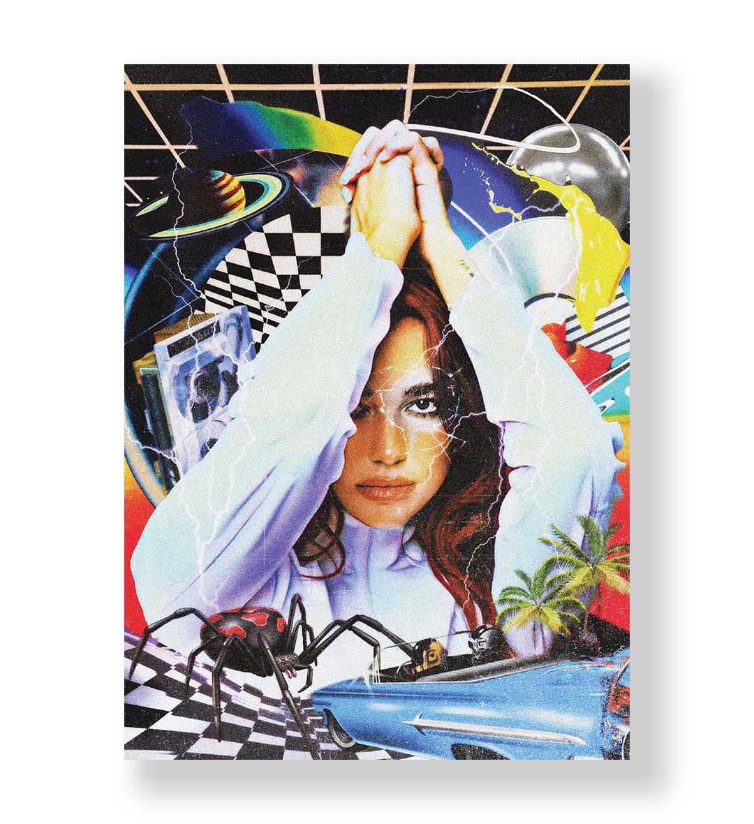 Dua Lipa's Retro Cosmic Vibe with surreal collage design wall art for home decor.