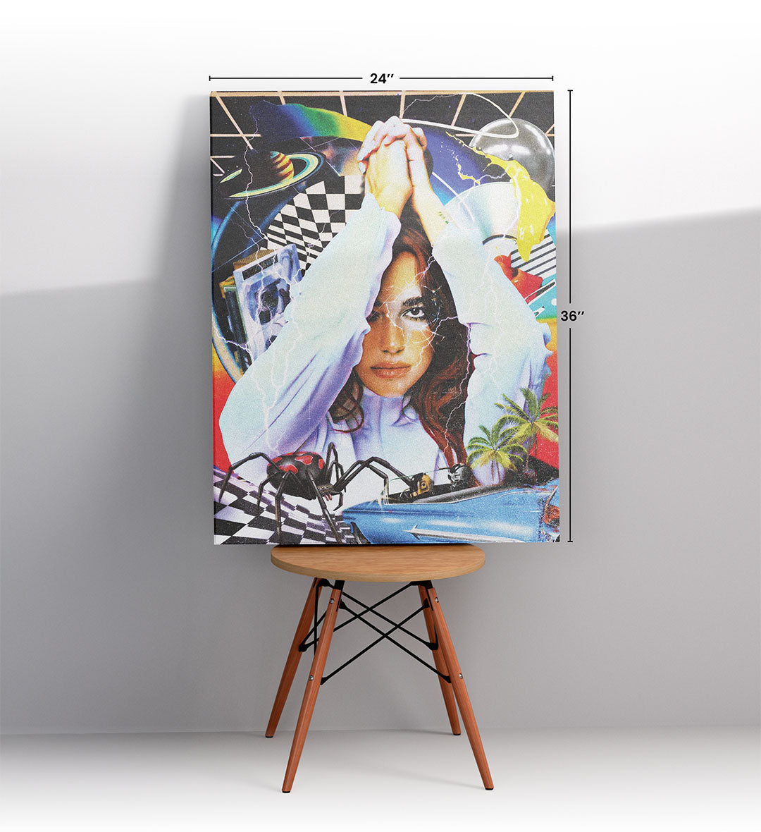 Dua Lipa's Retro Cosmic Vibe with surreal collage design wall art for home decor.