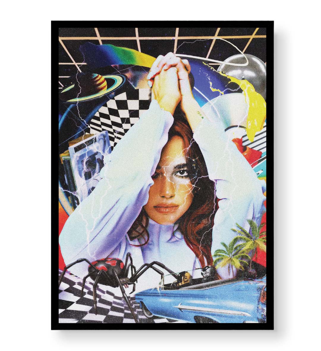 Dua Lipa's Retro Cosmic Vibe with surreal collage design wall art for home decor.