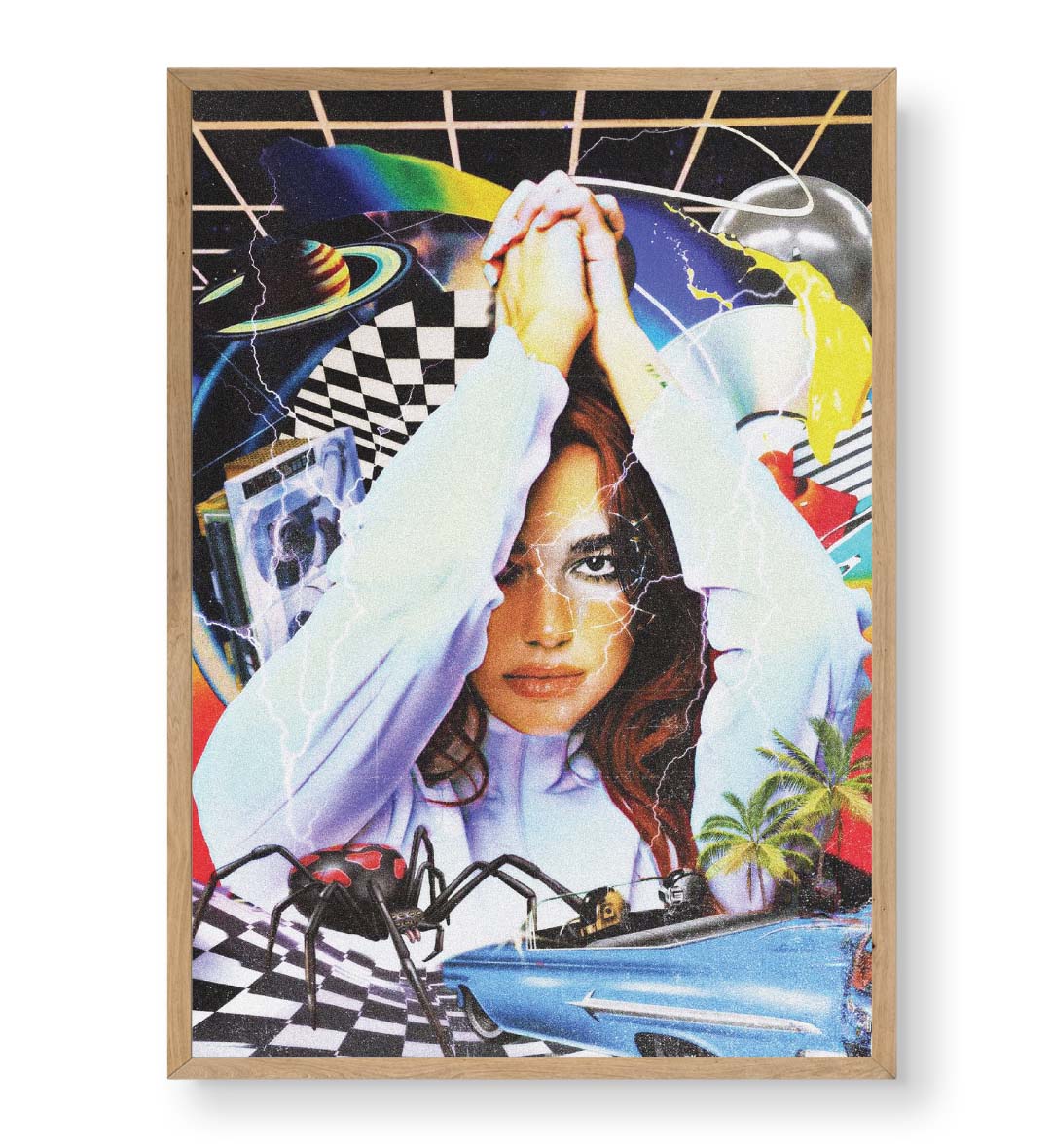 Dua Lipa's Retro Cosmic Vibe with surreal collage design wall art for home decor.