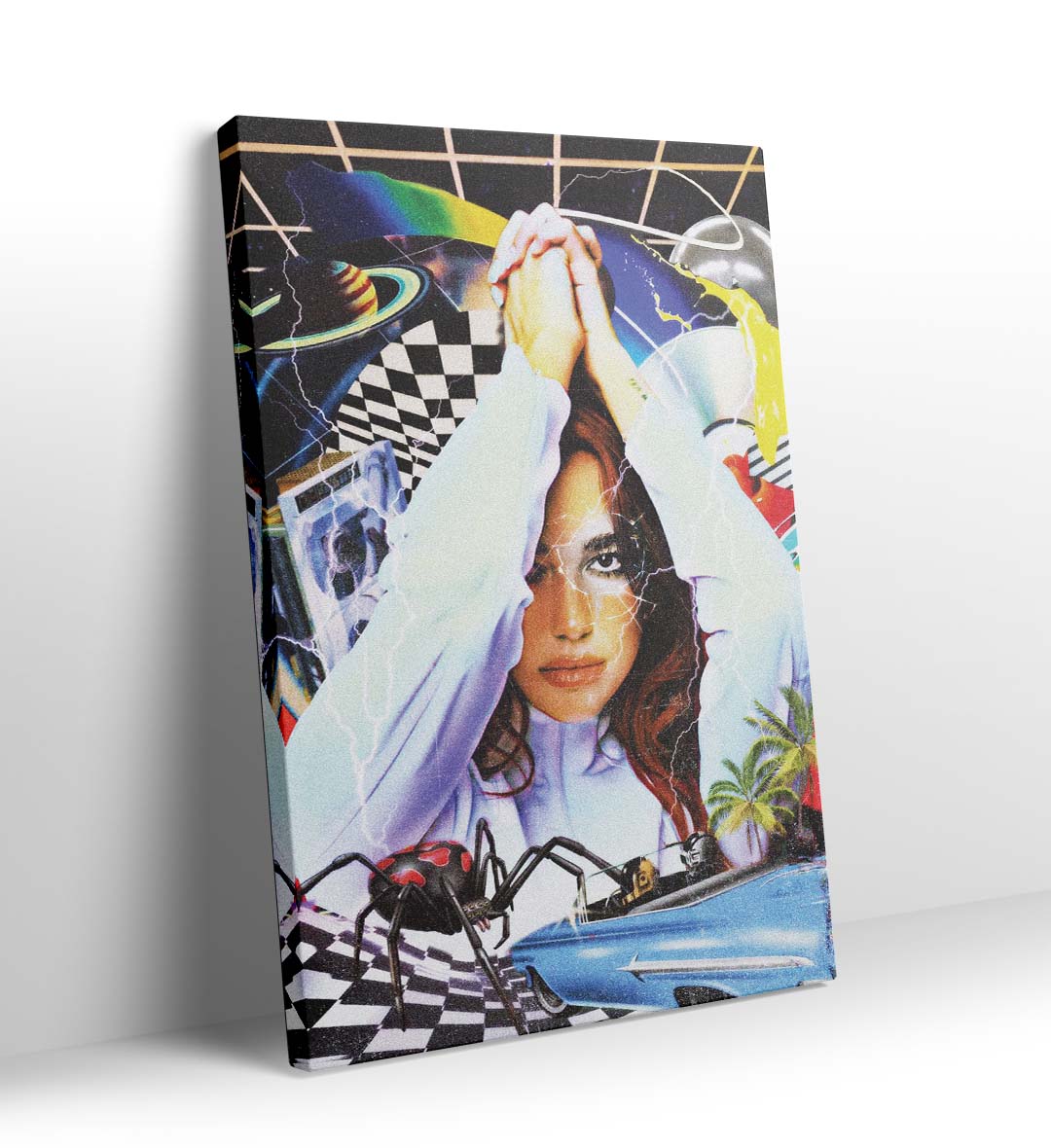 Dua Lipa's Retro Cosmic Vibe with surreal collage design wall art for home decor.