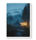 Mysterious journey canvas wall art with car and dog in misty mountains, perfect for modern Indian home decor.