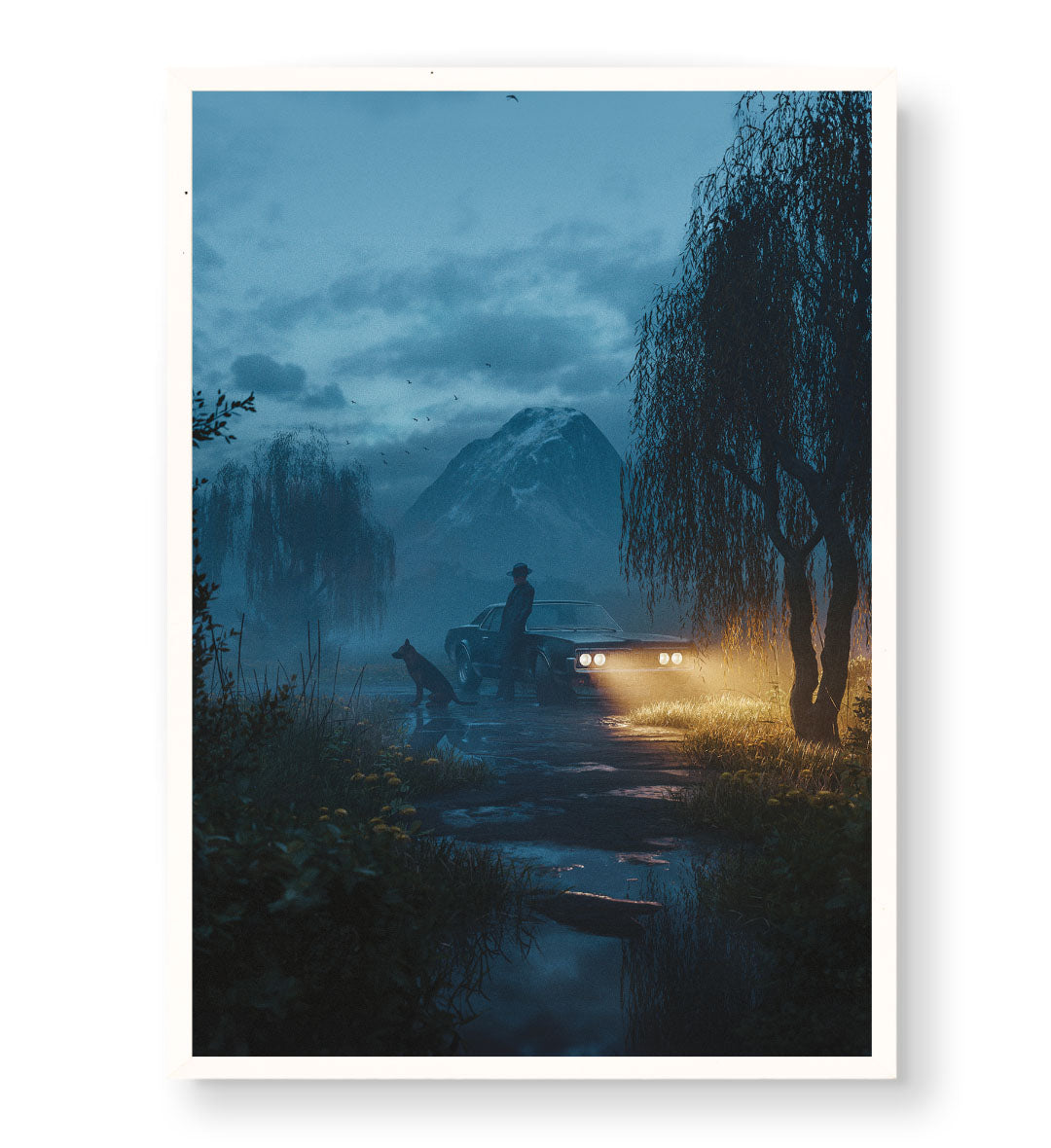 Mysterious journey canvas wall art with car and dog in misty mountains, perfect for modern Indian home decor.