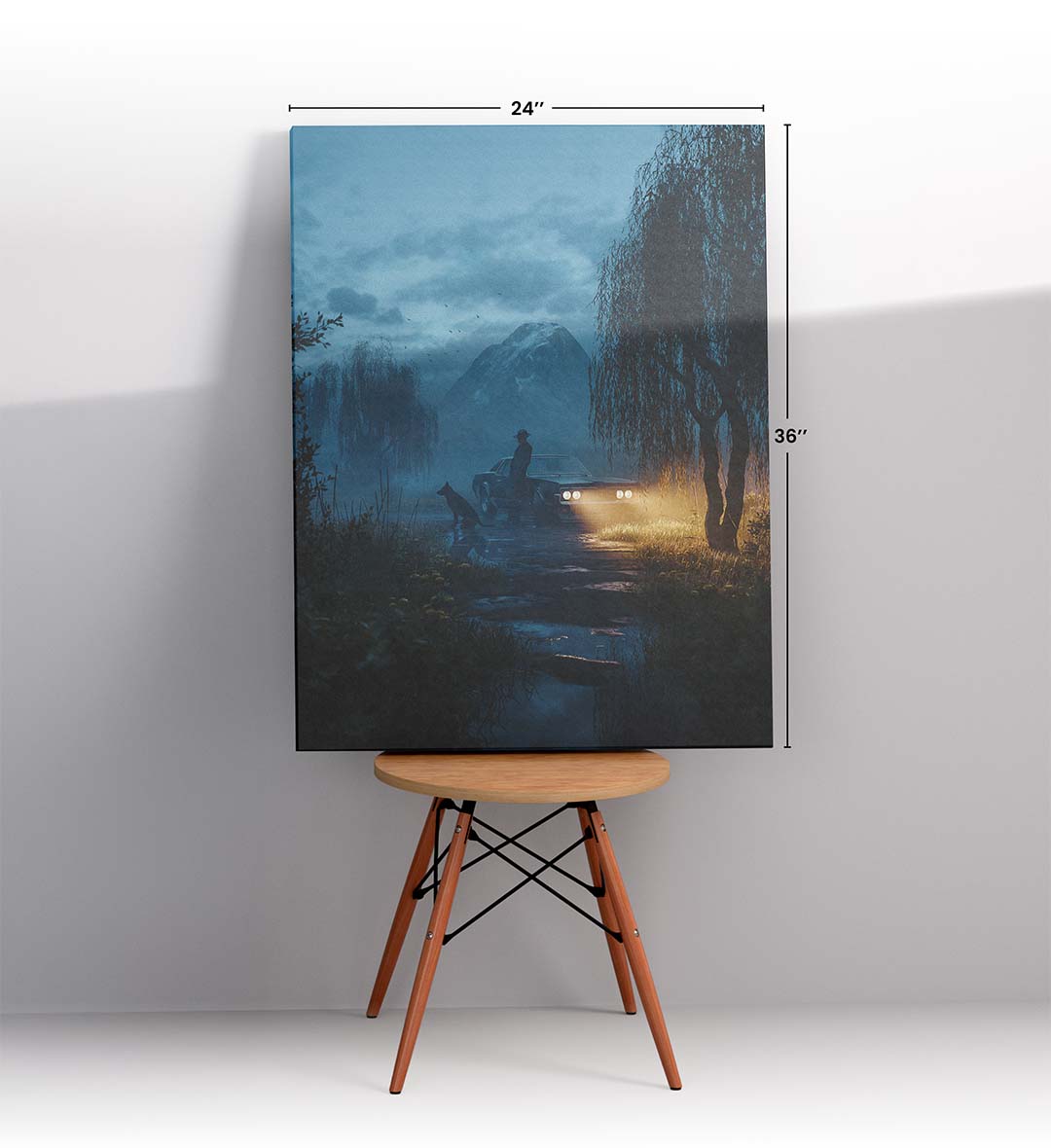 Mysterious journey canvas wall art with car and dog in misty mountains, perfect for modern Indian home decor.