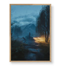 Mysterious journey canvas wall art with car and dog in misty mountains, perfect for modern Indian home decor.