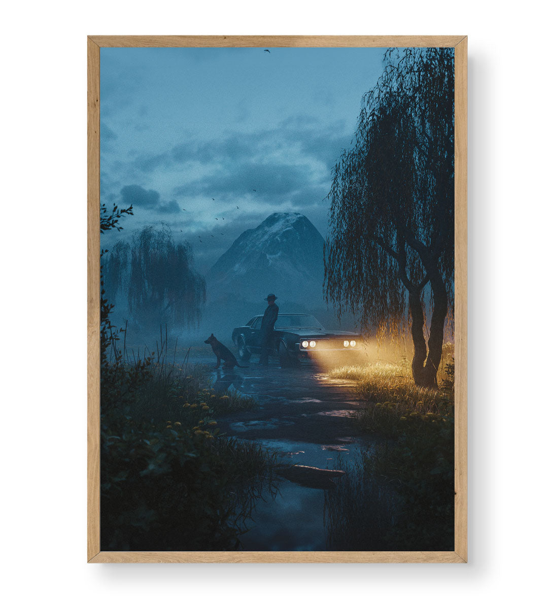 Mysterious journey canvas wall art with car and dog in misty mountains, perfect for modern Indian home decor.