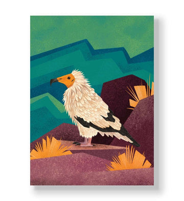 Stylized Egyptian vulture standing on purple rocks with teal mountain background canvas art.