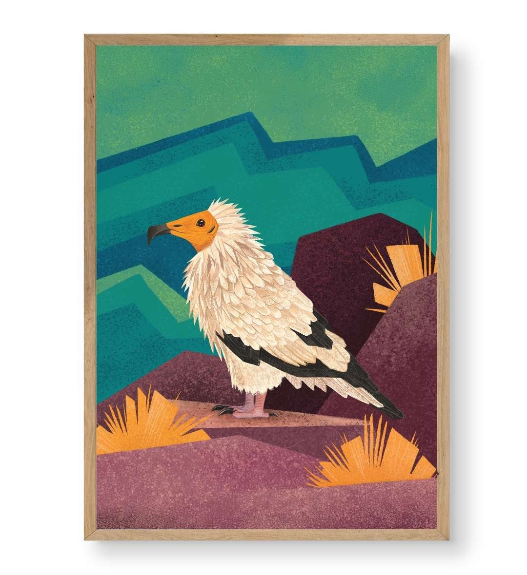 Hallway display with framed Egyptian Vulture Peak art by Artlier.