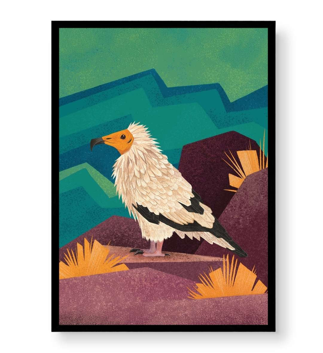 Minimalist bedroom styled with vibrant wildlife wall hanging.