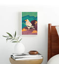 Boho living room decor with colorful nature illustration canvas print.