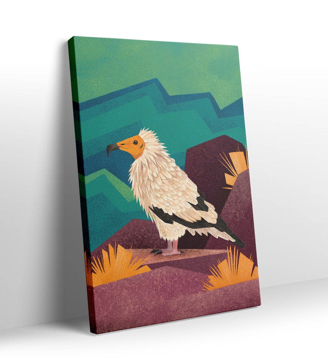 Stylized Egyptian vulture standing on purple rocks with teal mountain background canvas art.