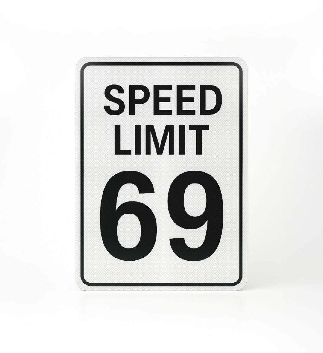 Cheeky "Speed Limit 69" metal sign, winking at fun for game room giggles.