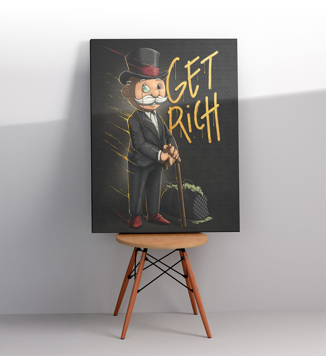 Startup workspace lounge area styled with inspirational hustle culture art.