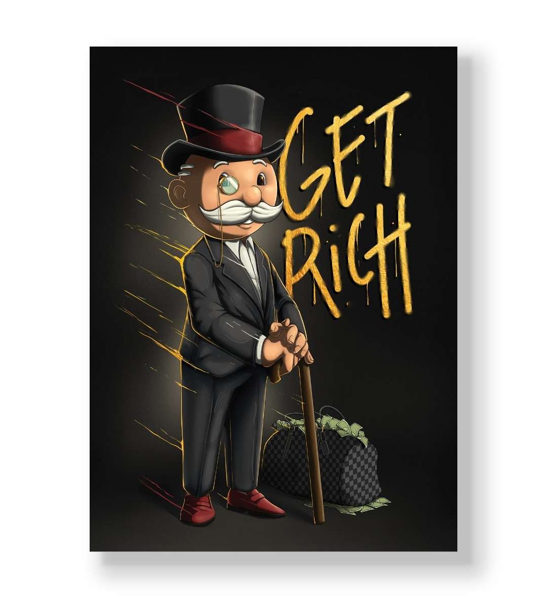 Monopoly Man standing with money bag and gold Get Rich graffiti canvas art.