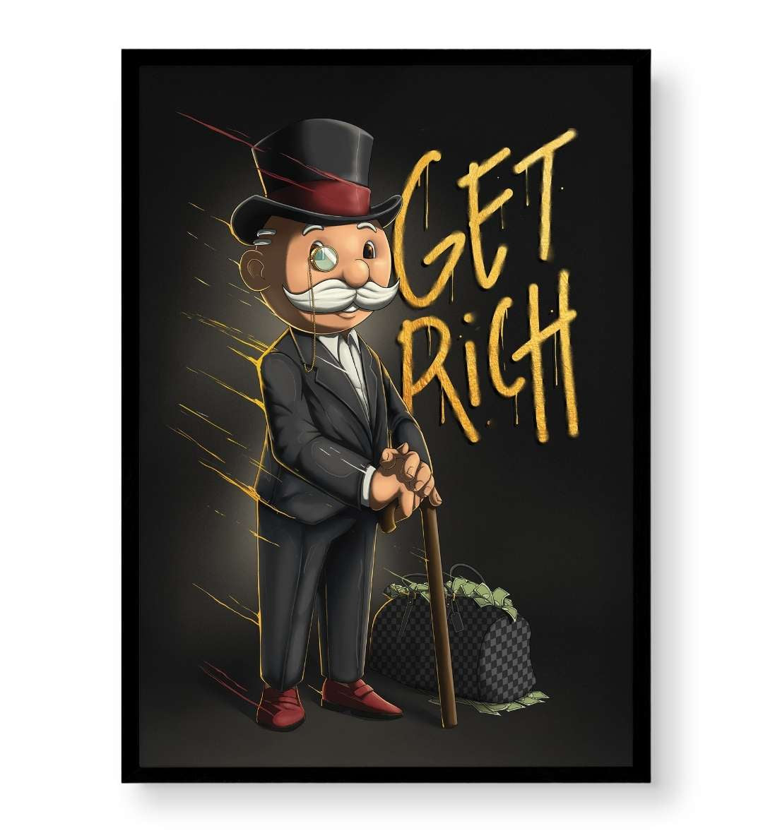 Bachelor pad bedroom decor with Get Rich Monopoly Man canvas print.