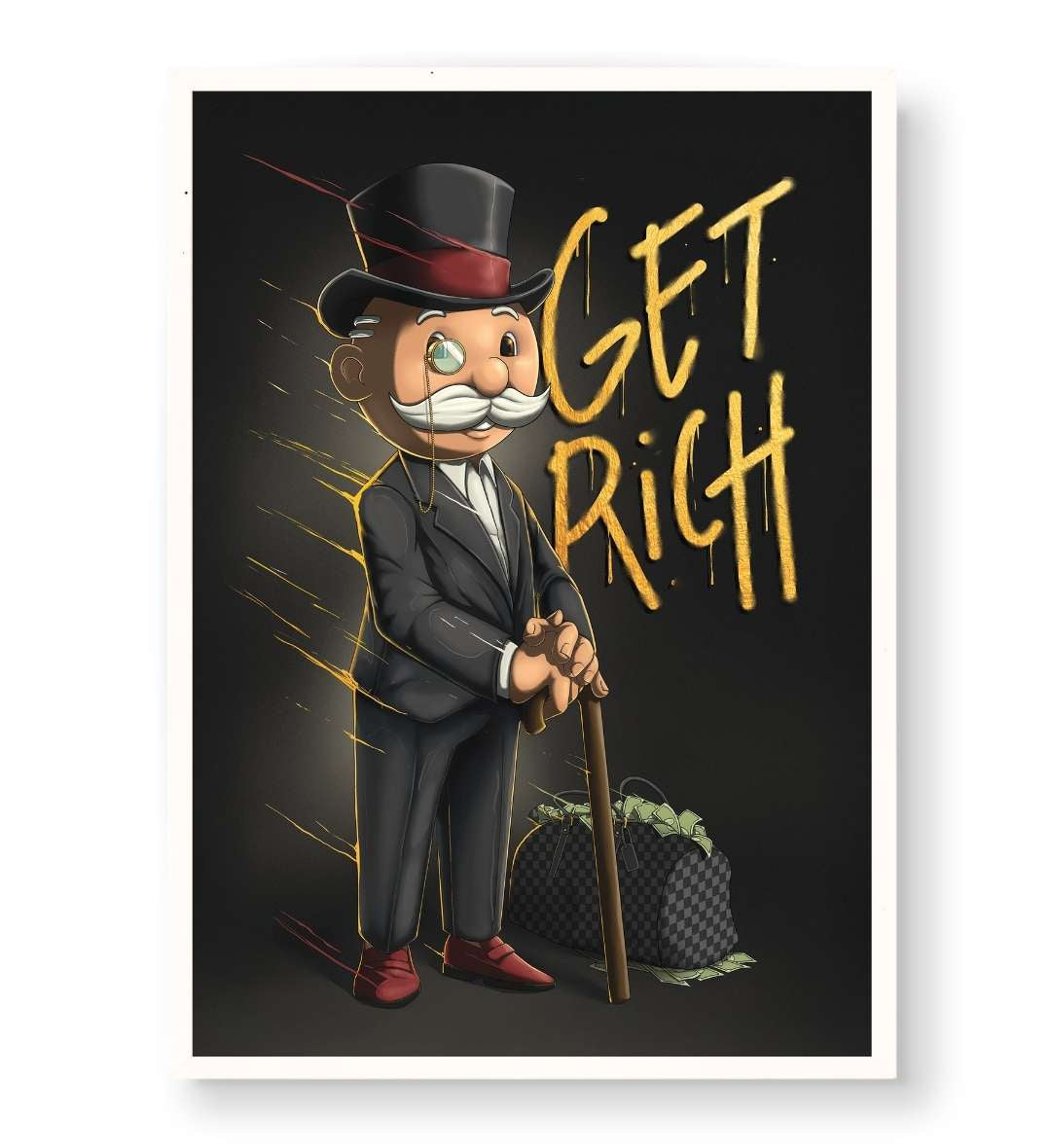 Modern entrepreneur office desk setup with Monopoly motivational wall art.