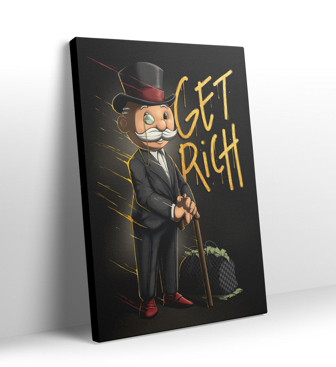 Monopoly Man standing with money bag and gold Get Rich graffiti canvas art.