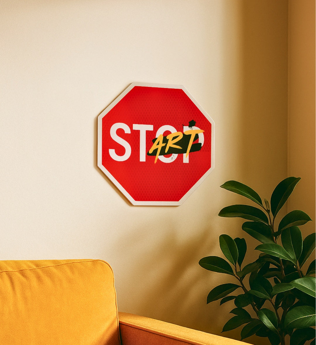 Pinterest inspired Stop sign with 'ART' spray-painted on it for adding street vibes to home walls.