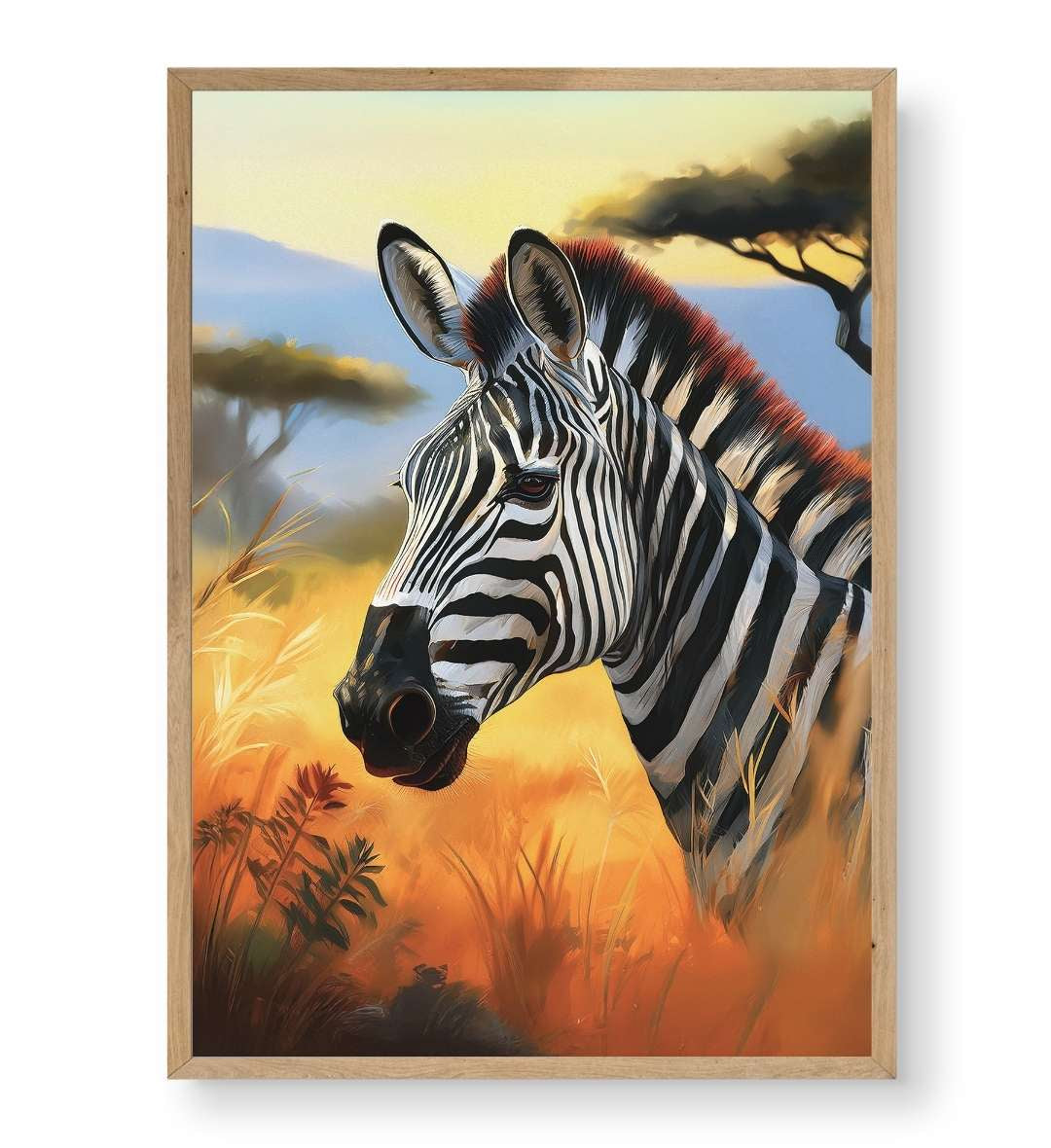 Hallway gallery wall idea including Golden Hour Zebra art by Artlier.