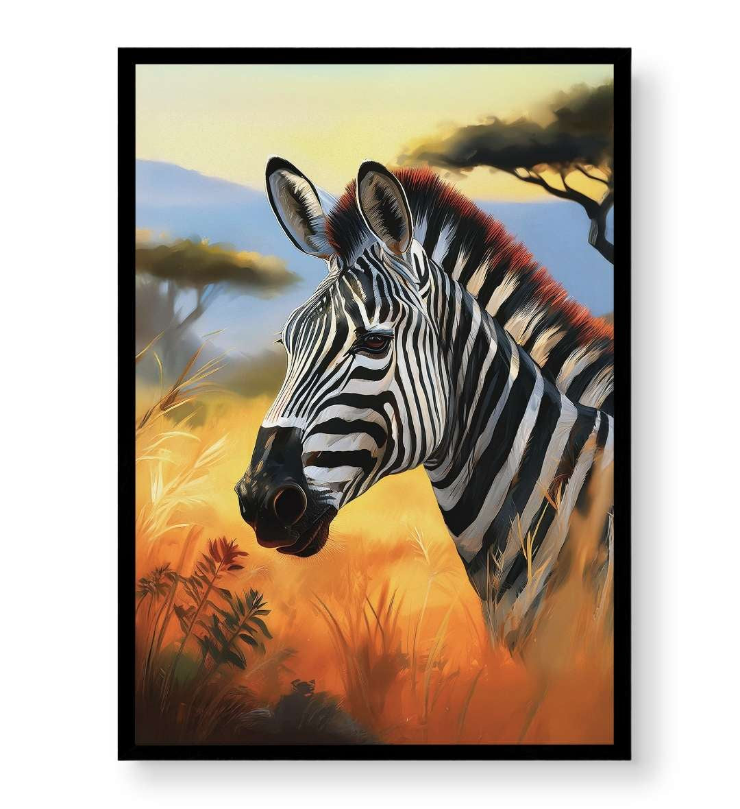Entryway wall display with framed African animal art print.