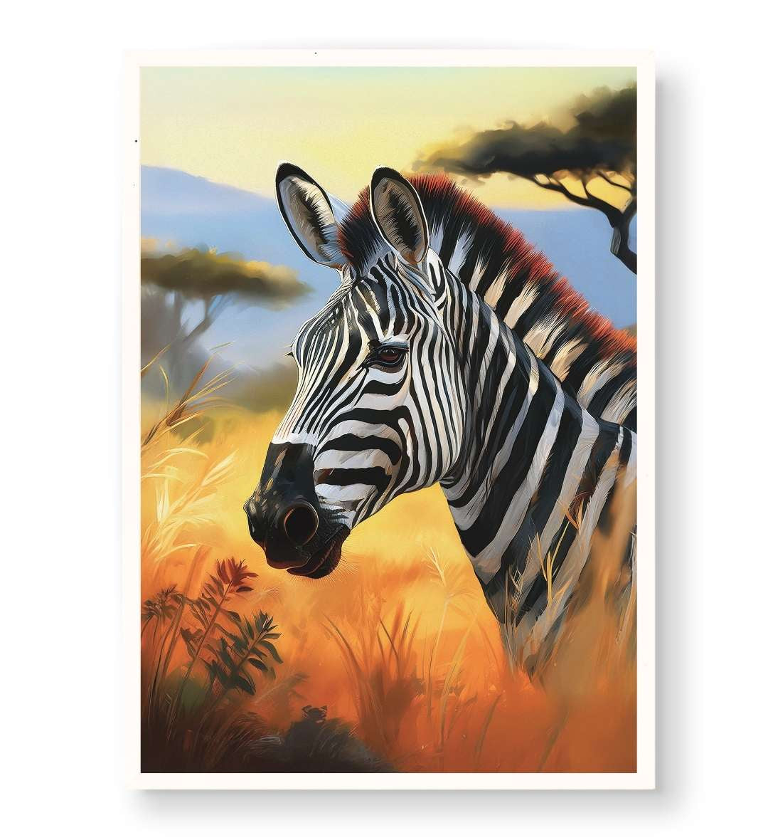 Modern boho living room styled with large zebra wildlife wall art.