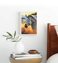 Cozy bedroom decor featuring warm sunset zebra canvas painting.