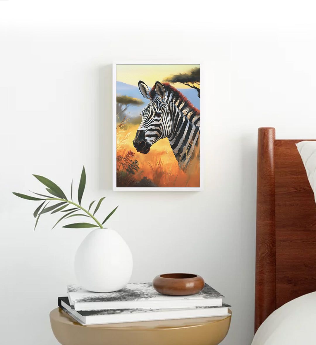 Cozy bedroom decor featuring warm sunset zebra canvas painting.