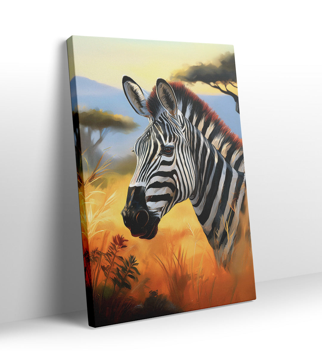 Zebra profile portrait with golden sunset background canvas wall art.