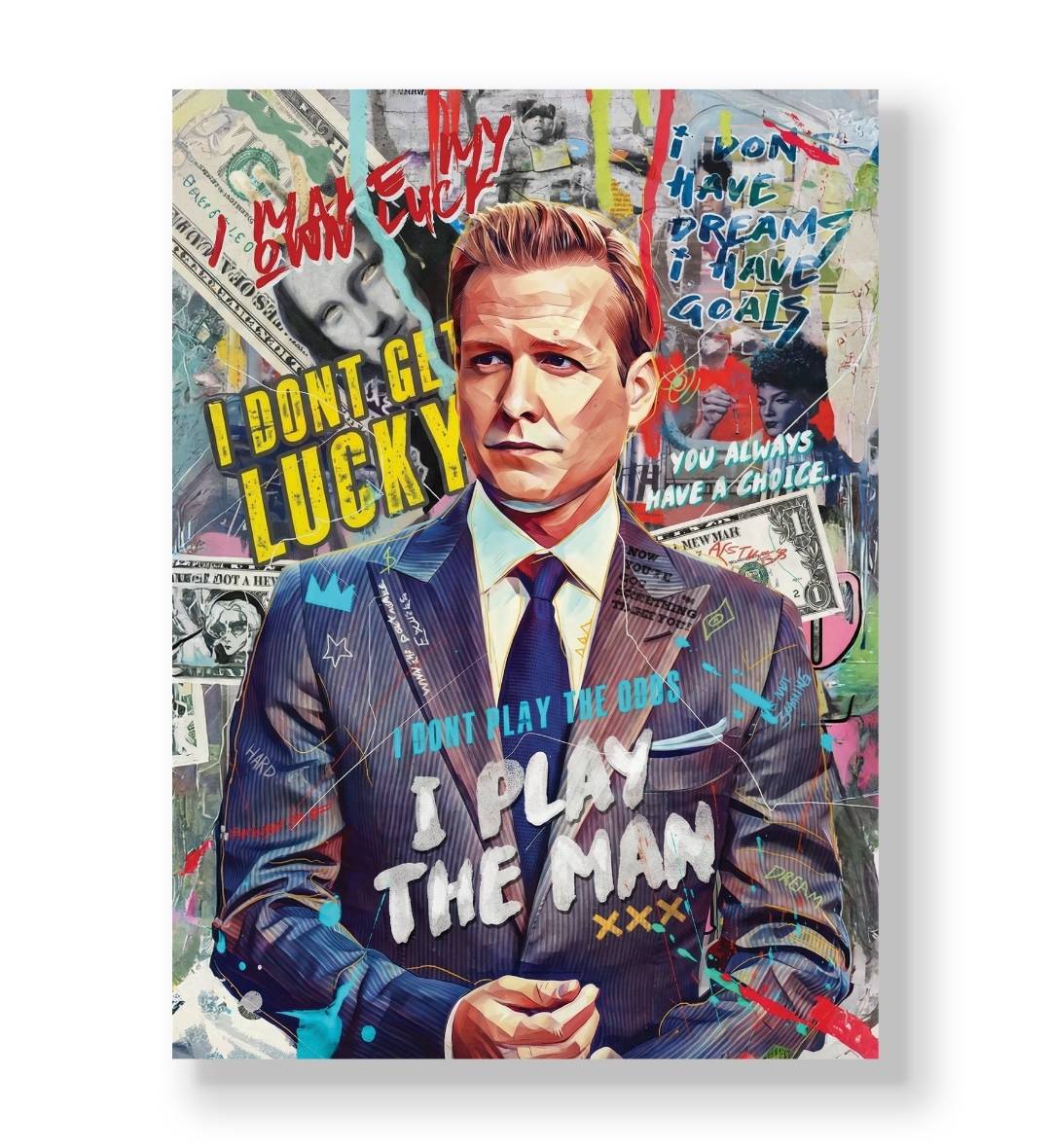Graffiti style portrait of Harvey Specter with "I Play The Man" and "I Make My Own Luck" text canvas wall art.