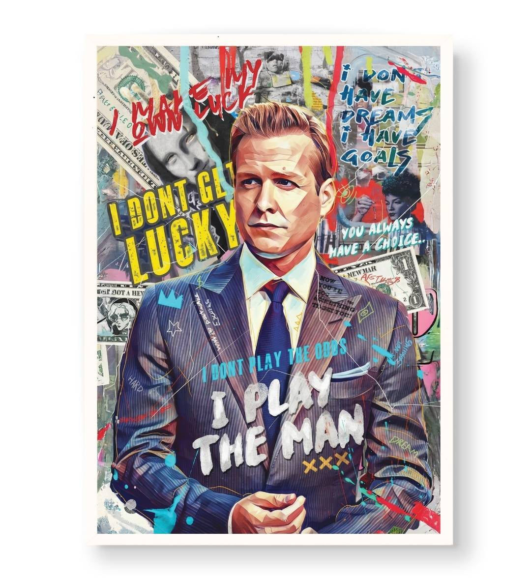 Modern corporate office featuring bold Harvey Specter street art wall hanging.