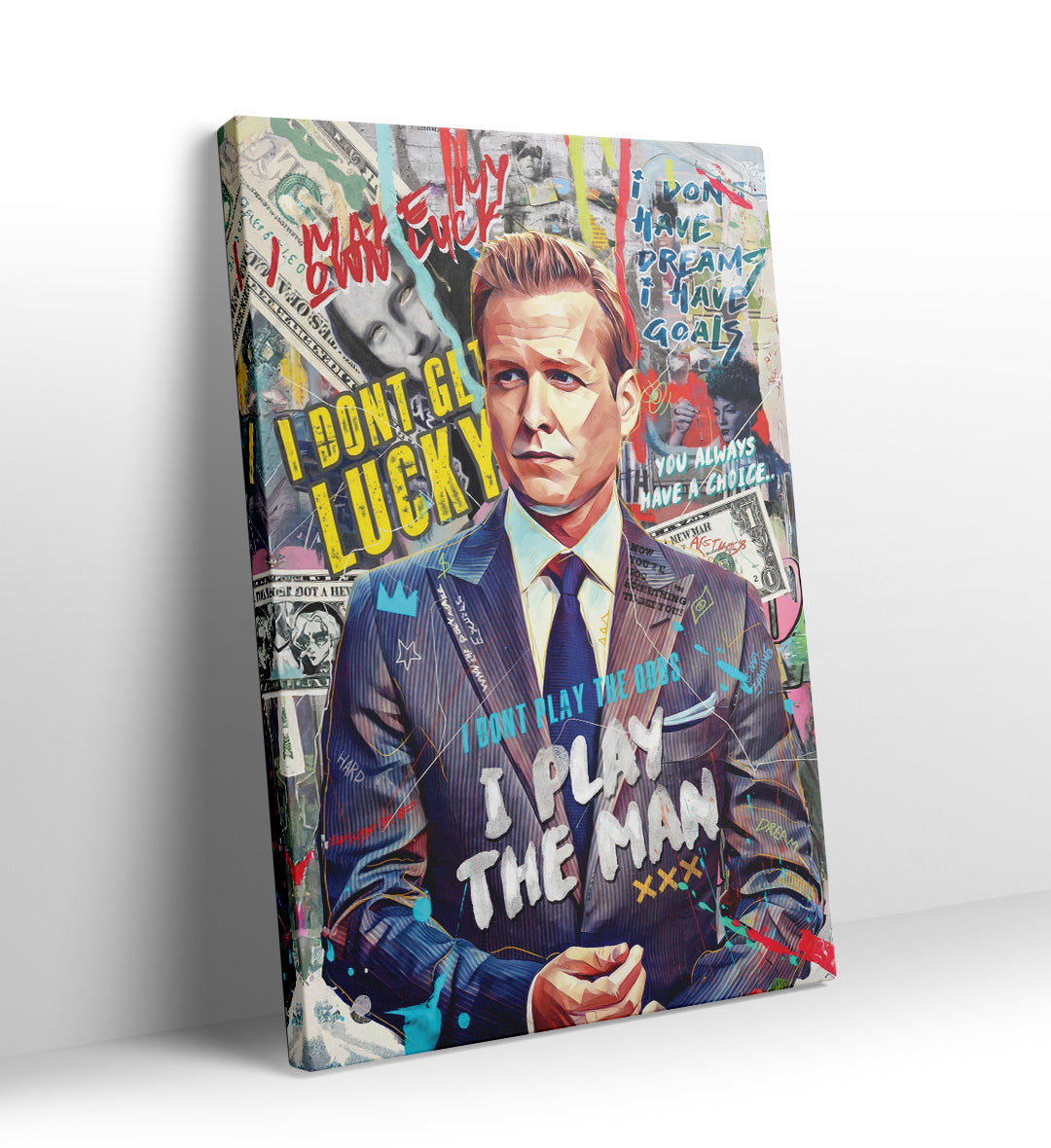 Graffiti style portrait of Harvey Specter with "I Play The Man" and "I Make My Own Luck" text canvas wall art.