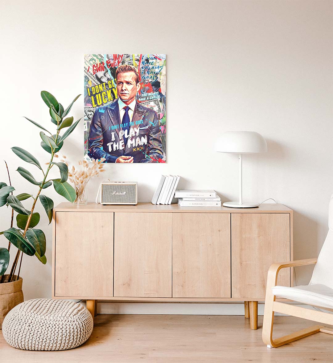 Side view of I Play The Man – Harvey Specter canvas showing sturdy wooden frame depth.