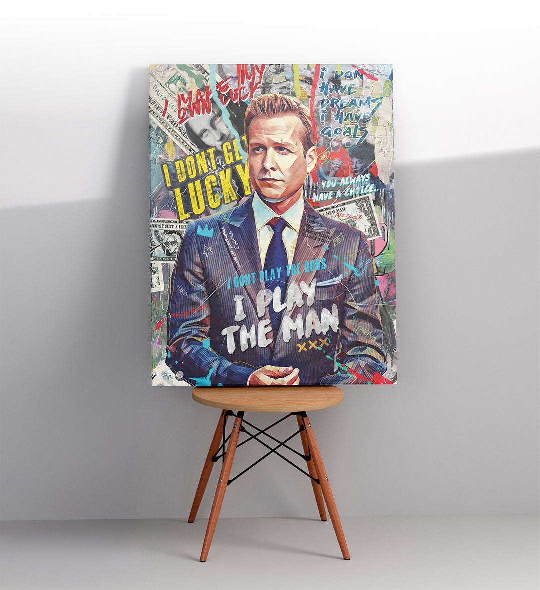 Study room display with colorful pop art portrait.