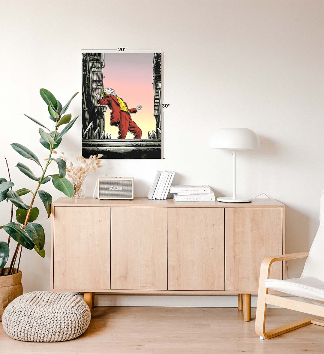 Joker’s Sunset Dance cinematic wall art with red suit and sunset sky for Indian home decor.