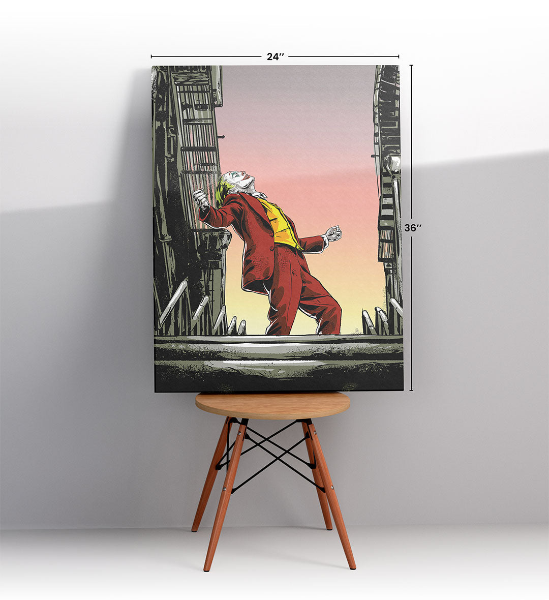Joker’s Sunset Dance cinematic wall art with red suit and sunset sky for Indian home decor.